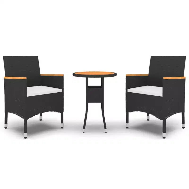 vidaXL Patio Dining Set 3 Piece - Poly Rattan - Black - Outdoor/Garden Table and 2 Chairs with Cushions, Tempered Glass Tabletop
