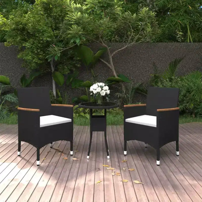 vidaXL Set da pranzo da esterno 3 pz - Polyrattan - Nero - Tavolo da giardino e 2 sedie con cuscini, piano in vetro temperato