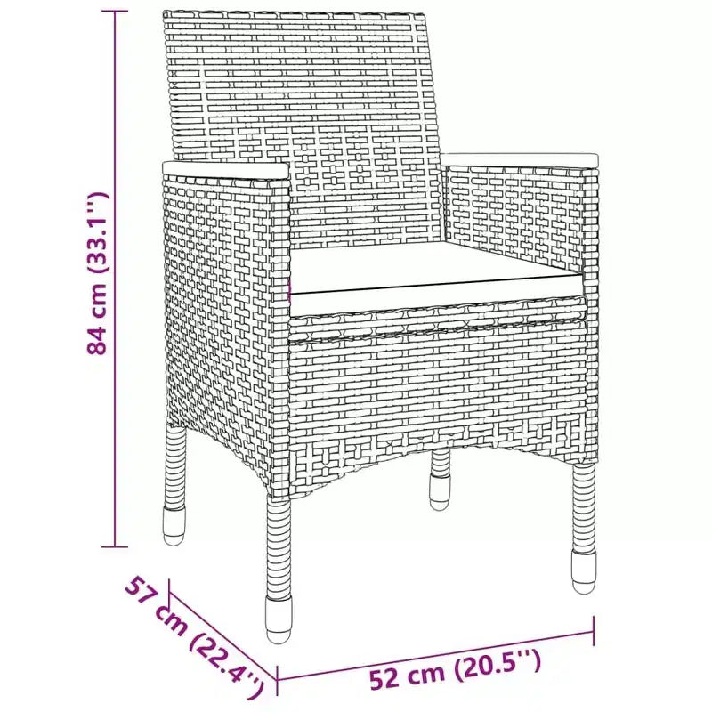 vidaXL Set da pranzo da esterno 3 pz - Polyrattan - Nero - Tavolo da giardino e 2 sedie con cuscini, piano in vetro temperato
