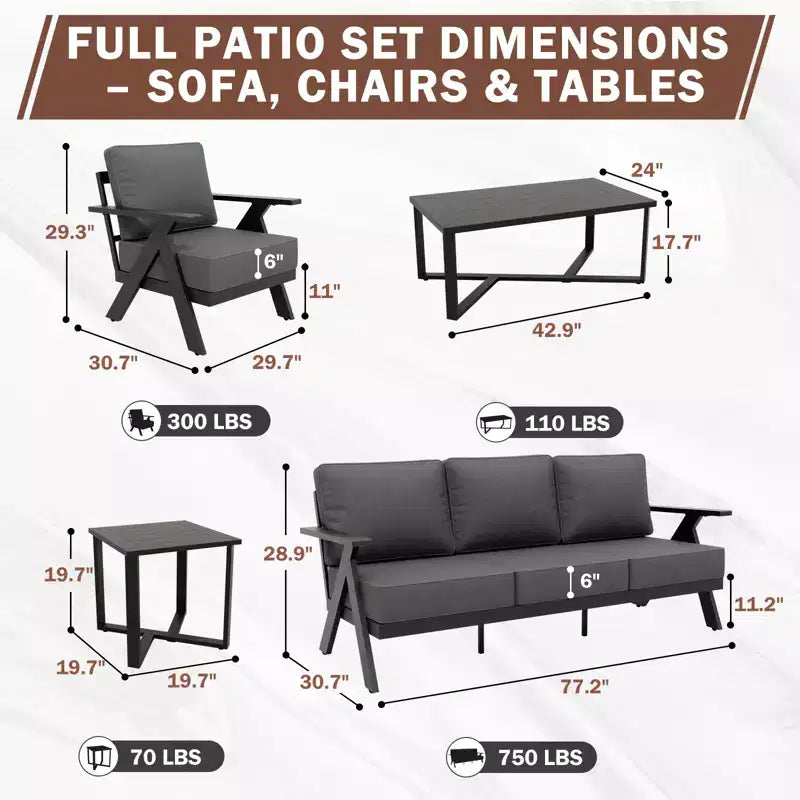 EAGLE PEAK Urban Slate Set di Mobili da Esterno Moderni in 7 Pezzi, Divano, Sedie da Patio, Tavolino da Caffè e Tavolino Laterale