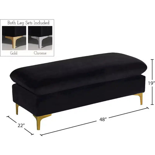Pouf rettangolare in velluto nero con gambe dorate e cromate, 1 posto a sedere