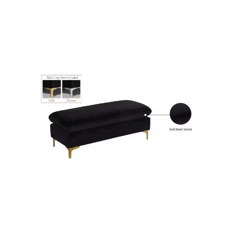 Pouf rettangolare in velluto nero con gambe dorate e cromate, 1 posto a sedere