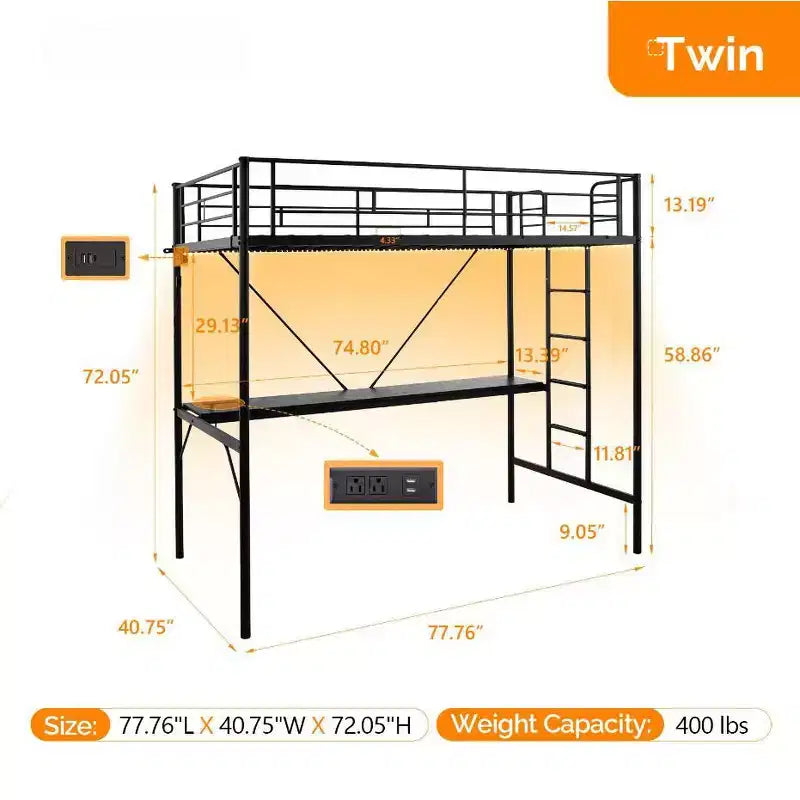 Letto a soppalco in metallo nero con scrivania e luce LED, singolo, una piazza e mezza/matrimoniale