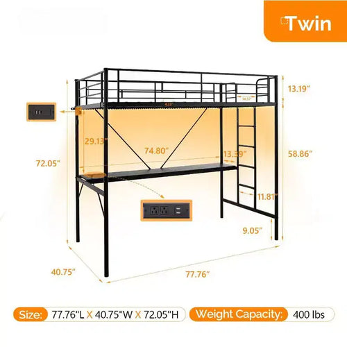 Letto a soppalco in metallo nero con scrivania e luce LED, singolo, una piazza e mezza/matrimoniale