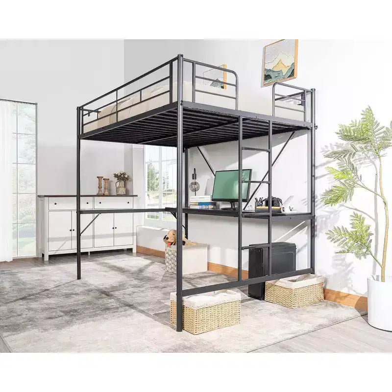 Letto a soppalco in metallo nero con scrivania e luce LED, singolo, una piazza e mezza/matrimoniale