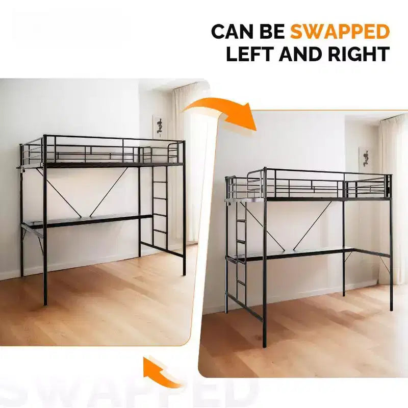 Letto a soppalco in metallo nero con scrivania e luce LED, singolo, una piazza e mezza/matrimoniale