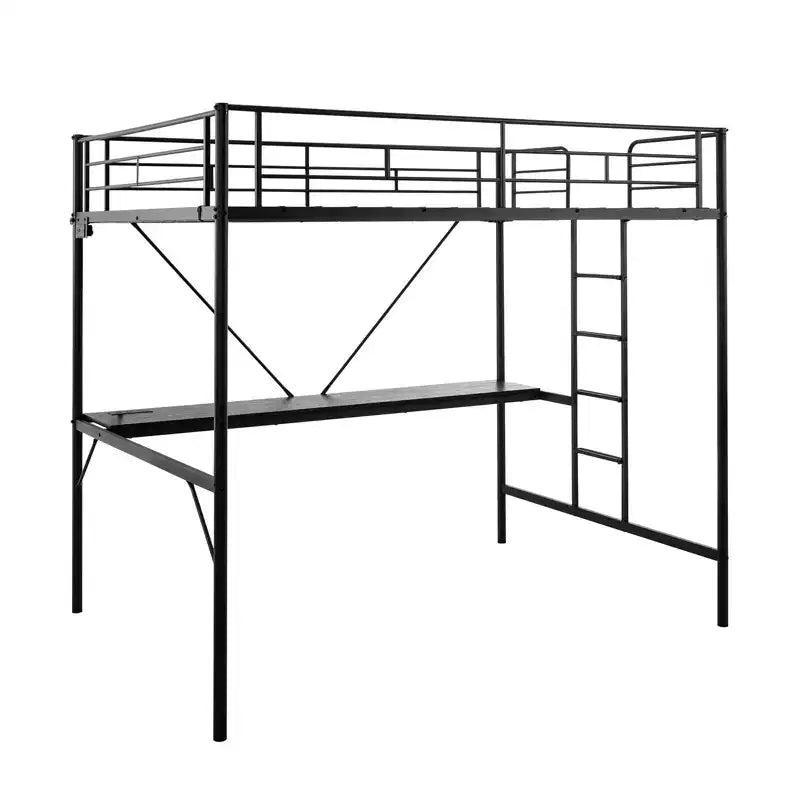 Letto a soppalco in metallo nero con scrivania e luce LED, singolo, una piazza e mezza/matrimoniale