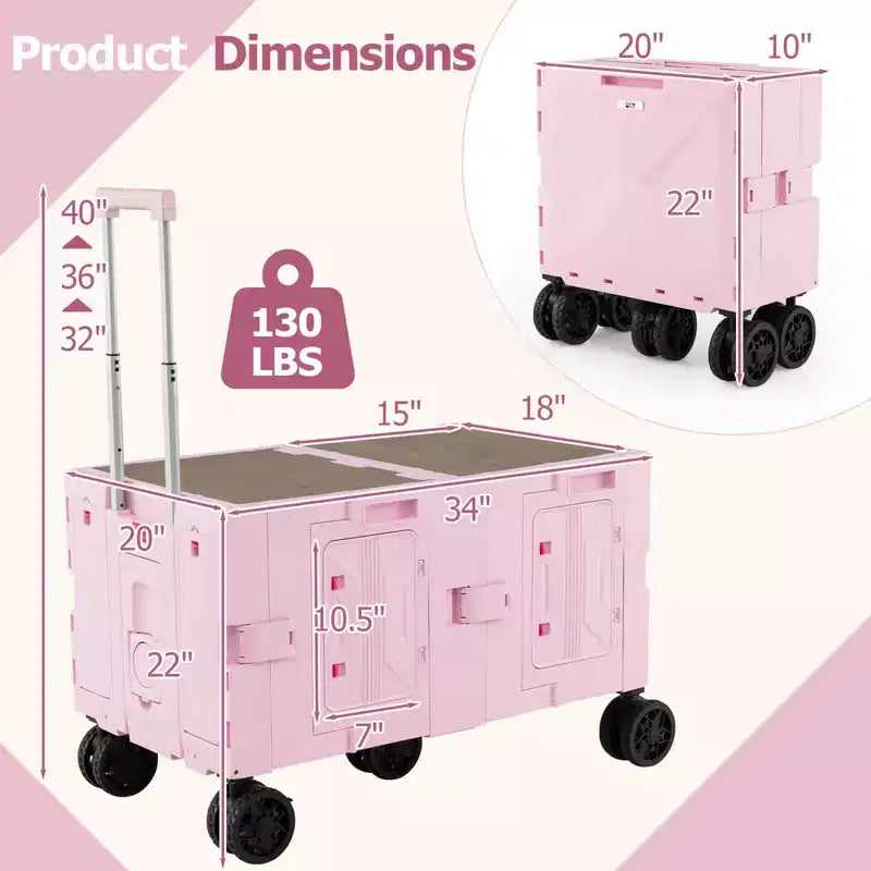 Carrello multiuso pieghevole a 2 ripiani (nero/rosa/bianco) con 5 ruote, uso singolo