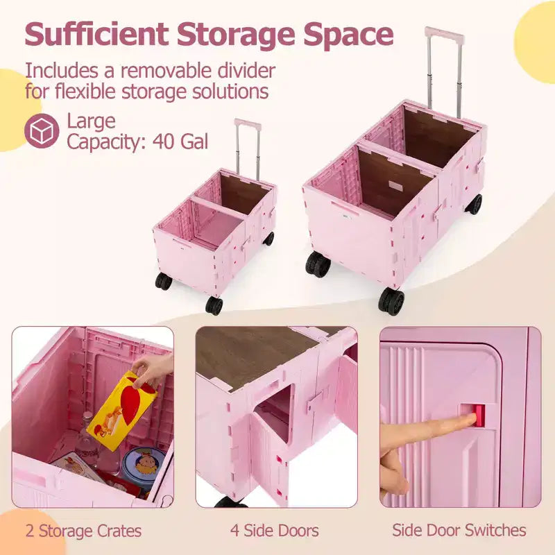Carrello multiuso pieghevole a 2 ripiani (nero/rosa/bianco) con 5 ruote, uso singolo