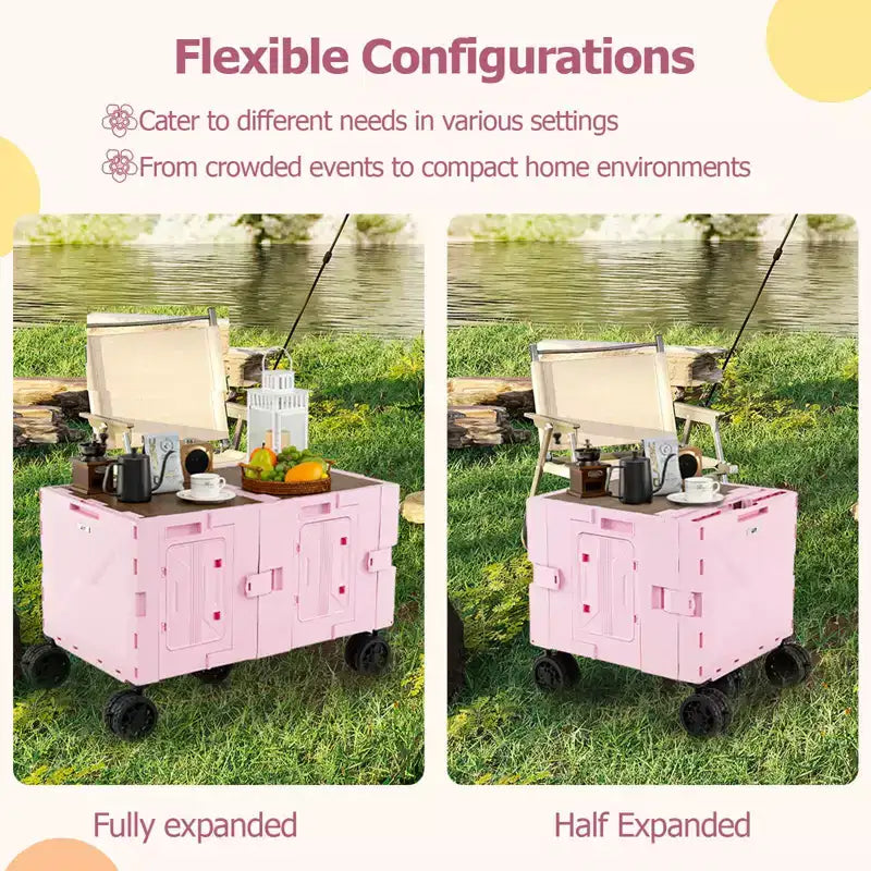 Carrello multiuso pieghevole a 2 ripiani (nero/rosa/bianco) con 5 ruote, uso singolo