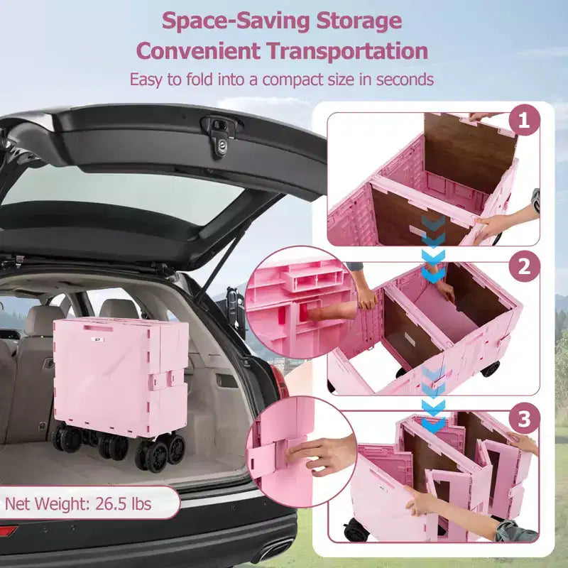 Carrello multiuso pieghevole a 2 ripiani (nero/rosa/bianco) con 5 ruote, uso singolo