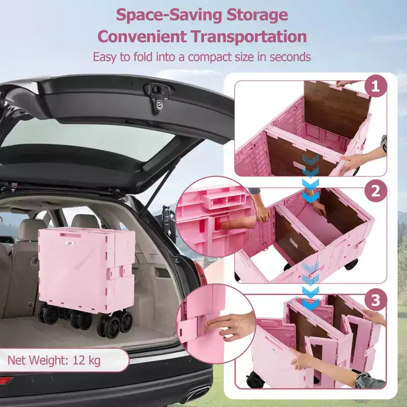 Carrello multiuso pieghevole a 2 ripiani (nero/rosa/bianco) con 5 ruote, uso singolo