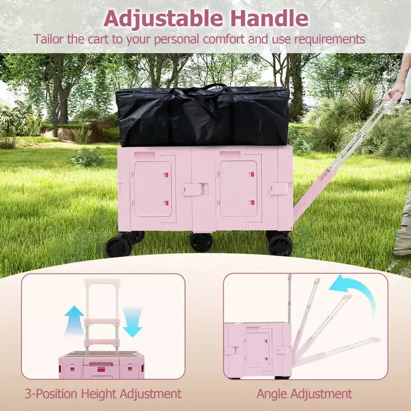 Carrello multiuso pieghevole a 2 ripiani (nero/rosa/bianco) con 5 ruote, uso singolo