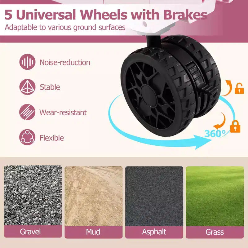 Carrello multiuso pieghevole a 2 ripiani (nero/rosa/bianco) con 5 ruote, uso singolo