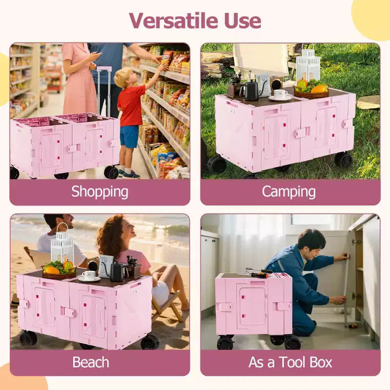 Carrello multiuso pieghevole a 2 ripiani (nero/rosa/bianco) con 5 ruote, uso singolo