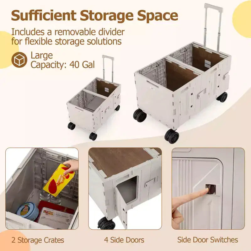 Carrello multiuso pieghevole a 2 ripiani (nero/rosa/bianco) con 5 ruote, uso singolo