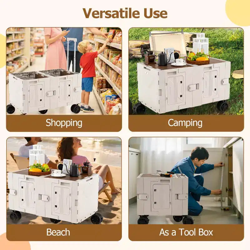 Carrello multiuso pieghevole a 2 ripiani (nero/rosa/bianco) con 5 ruote, uso singolo