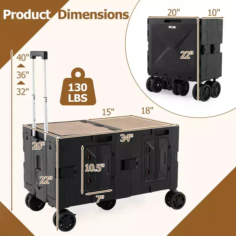 Carrello multiuso pieghevole a 2 ripiani (nero/rosa/bianco) con 5 ruote, uso singolo