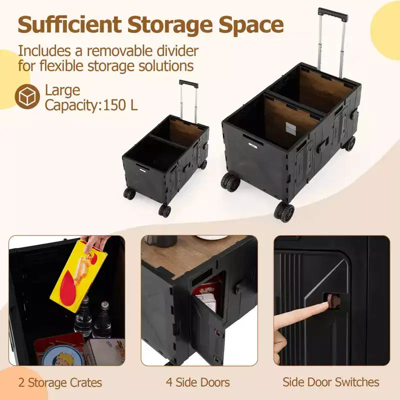 Carrello multiuso pieghevole a 2 ripiani (nero/rosa/bianco) con 5 ruote, uso singolo