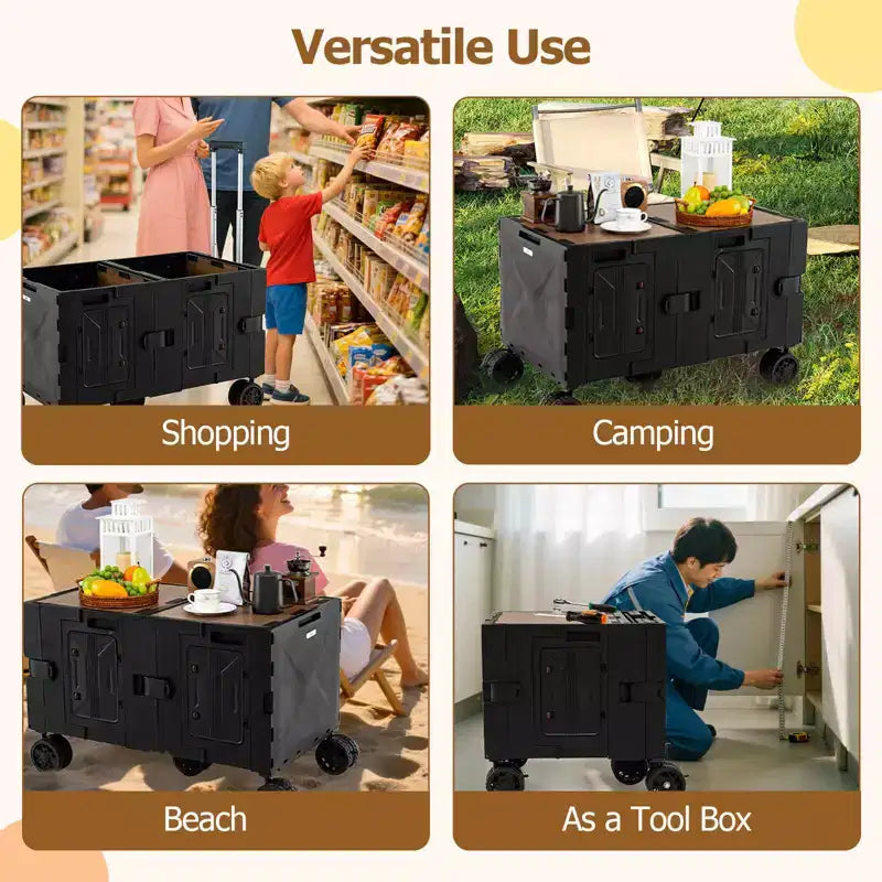 Carrello multiuso pieghevole a 2 ripiani (nero/rosa/bianco) con 5 ruote, uso singolo