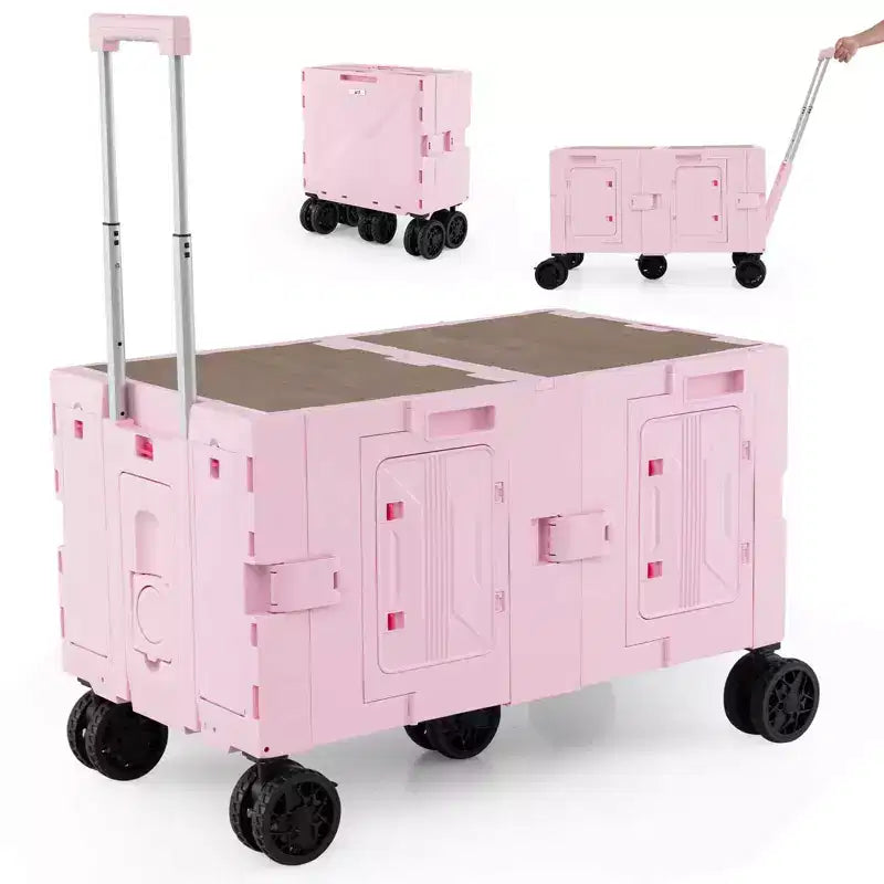 Carrello multiuso pieghevole a 2 ripiani (nero/rosa/bianco) con 5 ruote, uso singolo