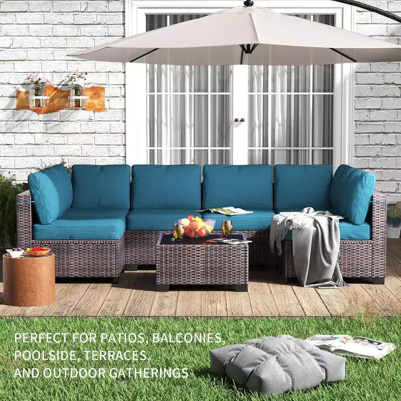 Set da patio 7 pezzi con tavolo da pranzo, divano modulare componibile, vimini resistente a tutte le intemperie