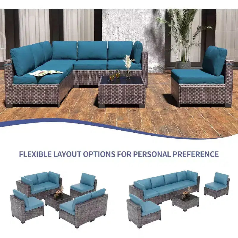 Set da patio 7 pezzi con tavolo da pranzo, divano modulare componibile, vimini resistente a tutte le intemperie