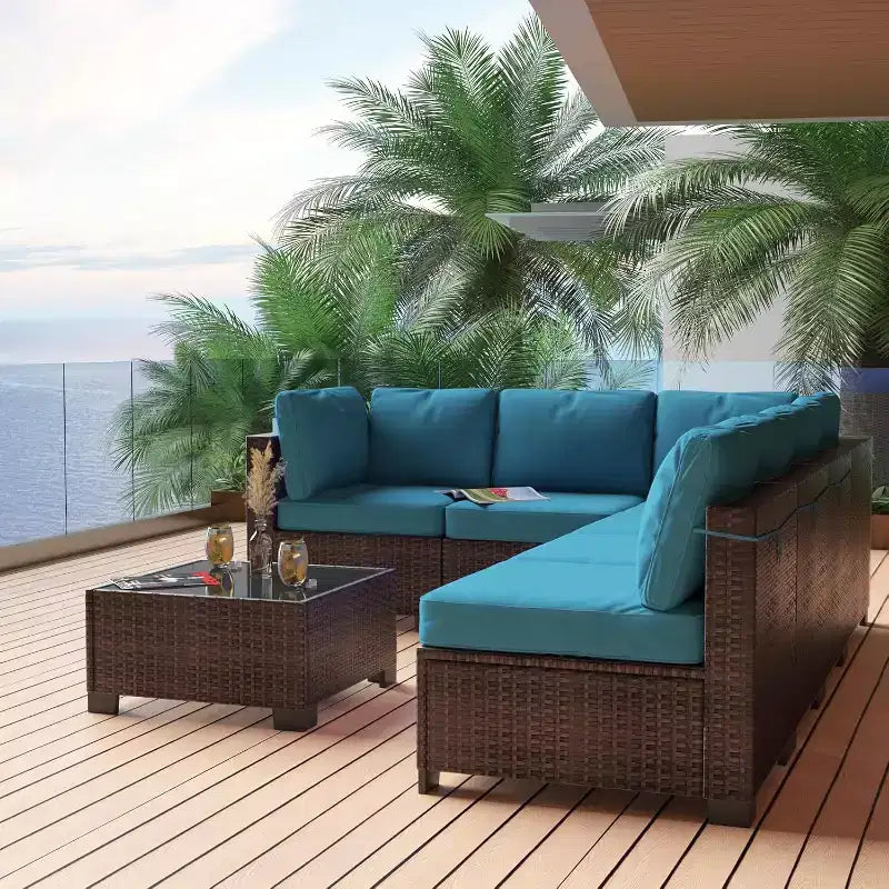 Set da patio 7 pezzi con tavolo da pranzo, divano modulare componibile, vimini resistente a tutte le intemperie