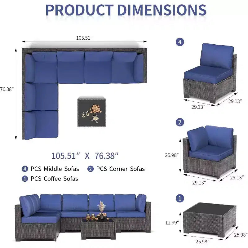 Set da patio 7 pezzi con tavolo da pranzo, divano modulare componibile, vimini resistente a tutte le intemperie