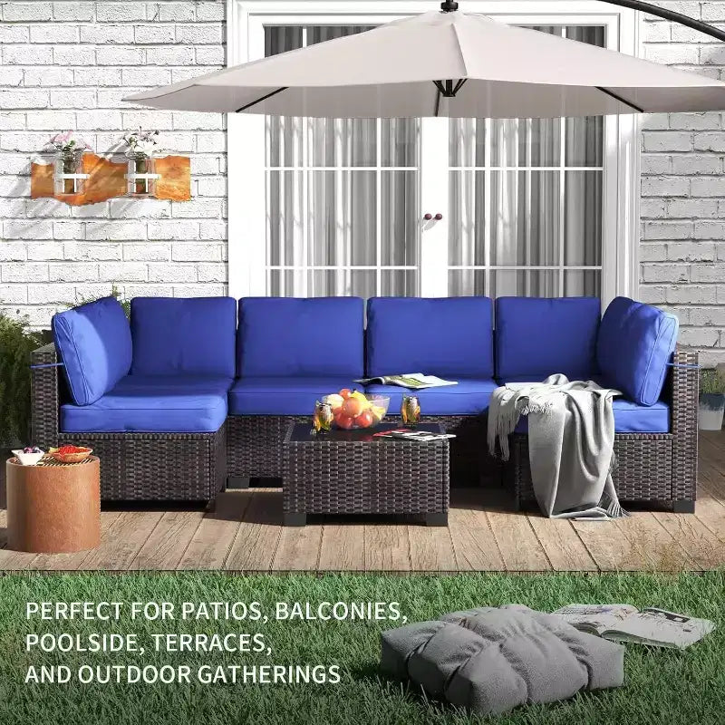 Set da patio 7 pezzi con tavolo da pranzo, divano modulare componibile, vimini resistente a tutte le intemperie