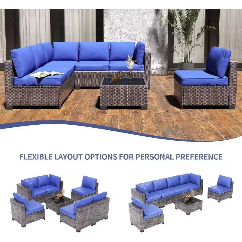 Set da patio 7 pezzi con tavolo da pranzo, divano modulare componibile, vimini resistente a tutte le intemperie