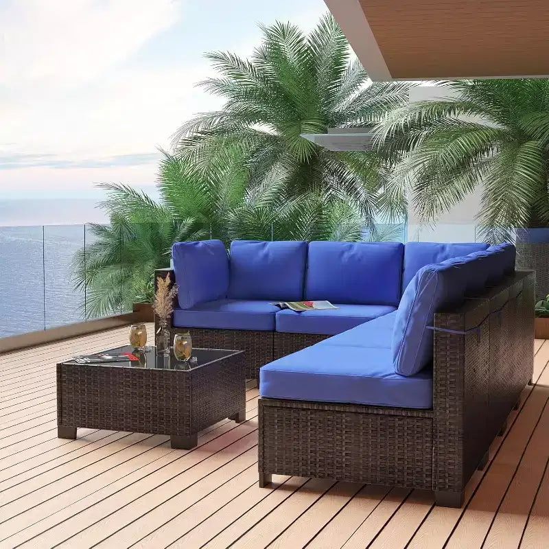 Set da patio 7 pezzi con tavolo da pranzo, divano modulare componibile, vimini resistente a tutte le intemperie