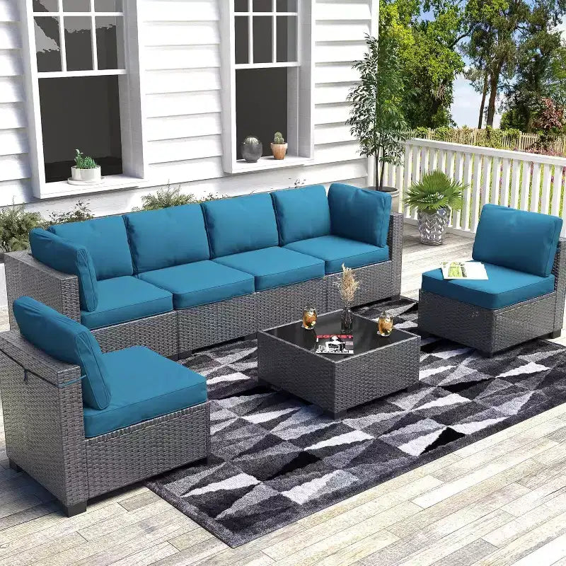 Set da patio 7 pezzi con tavolo da pranzo, divano modulare componibile, vimini resistente a tutte le intemperie