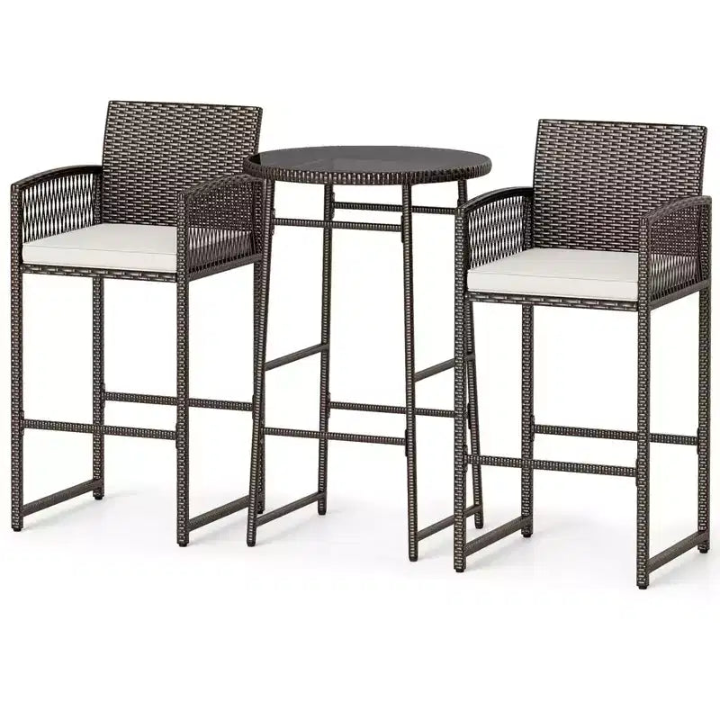 Set da bar Costway a 3 pezzi in vimini per patio con 2 cuscini e tavolo in vetro per il giardino