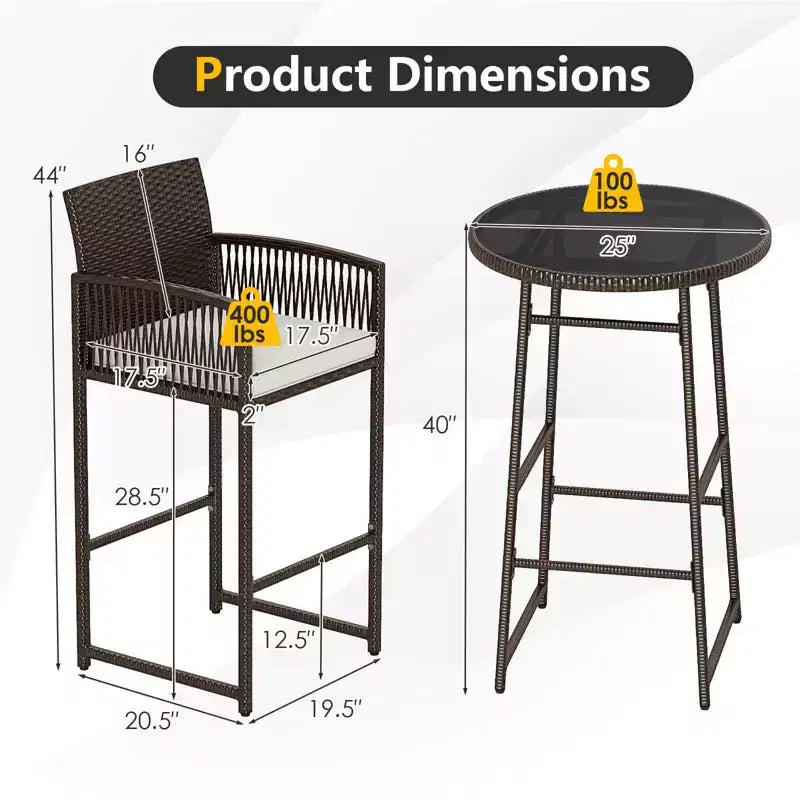Set da bar Costway a 3 pezzi in vimini per patio con 2 cuscini e tavolo in vetro per il giardino