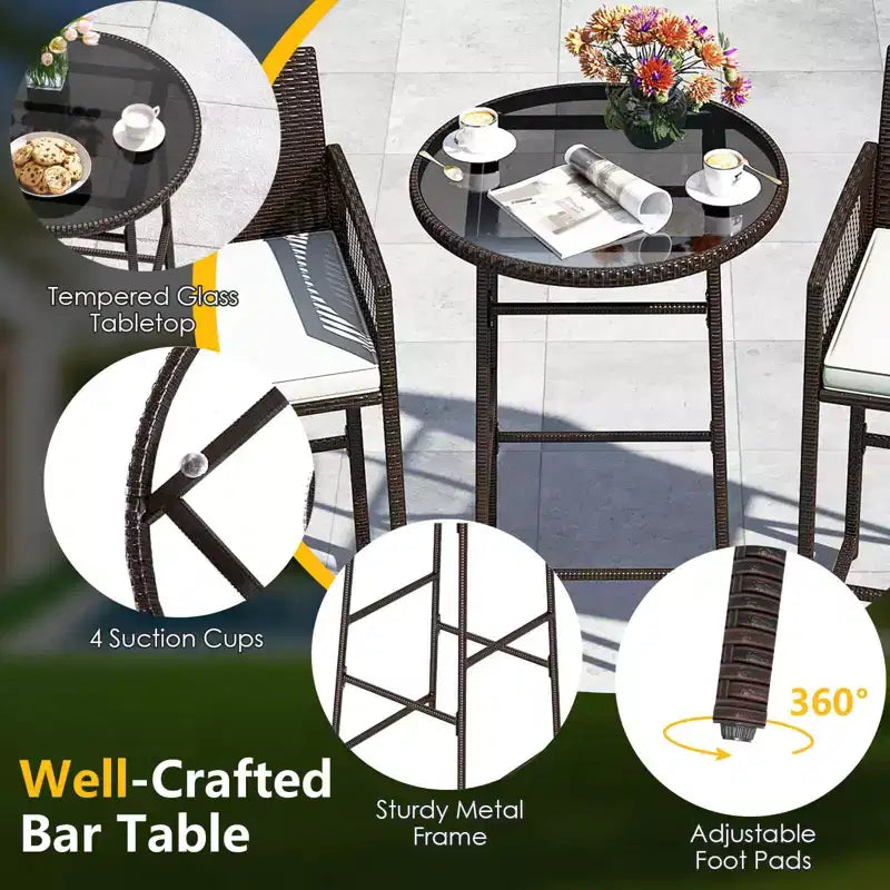 Set da bar Costway a 3 pezzi in vimini per patio con 2 cuscini e tavolo in vetro per il giardino
