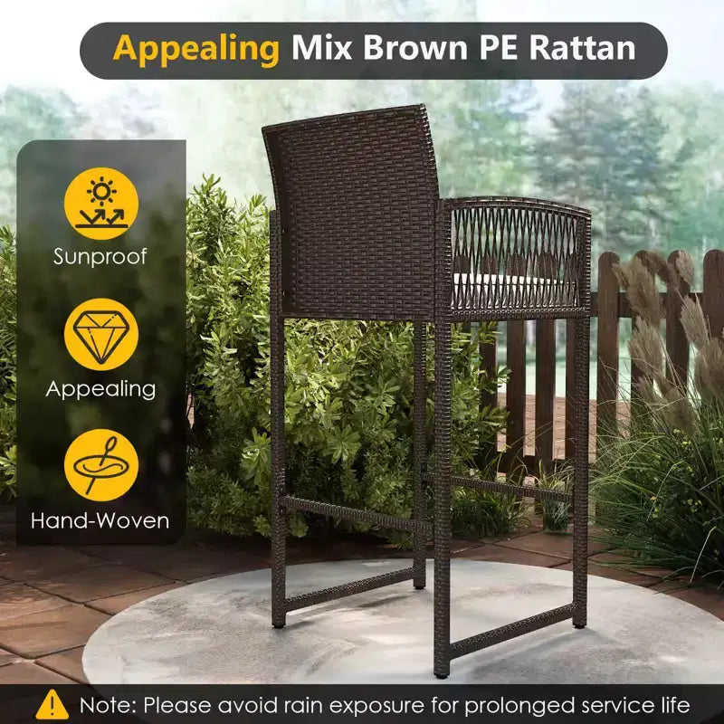 Set da bar Costway a 3 pezzi in vimini per patio con 2 cuscini e tavolo in vetro per il giardino