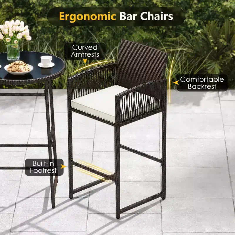 Set da bar Costway a 3 pezzi in vimini per patio con 2 cuscini e tavolo in vetro per il giardino