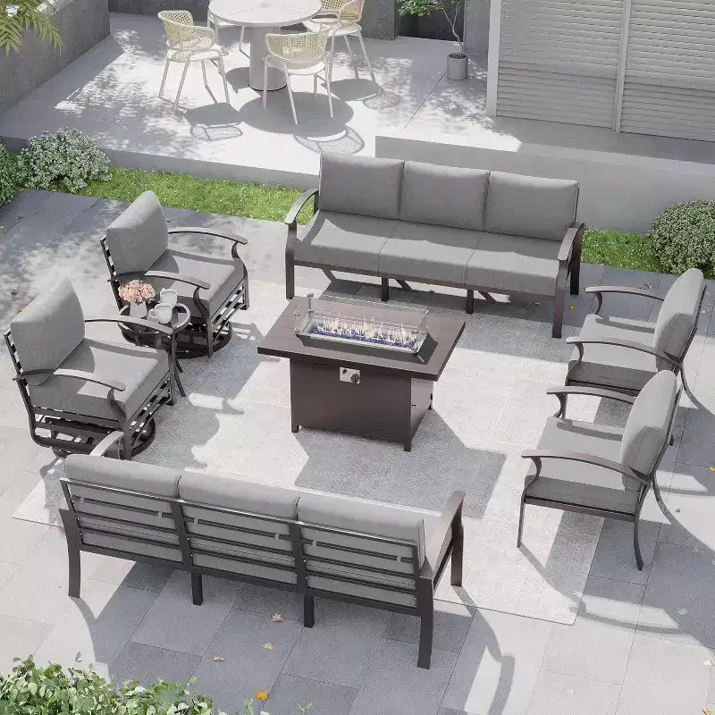 ALAULM Set Mobili da Giardino in Alluminio 10 Posti Moderno da Esterno con Tavolo Focolare, Sedia a Dondolo Girevole, Divano da Giardino con Cuscini da 5.1 Pollici