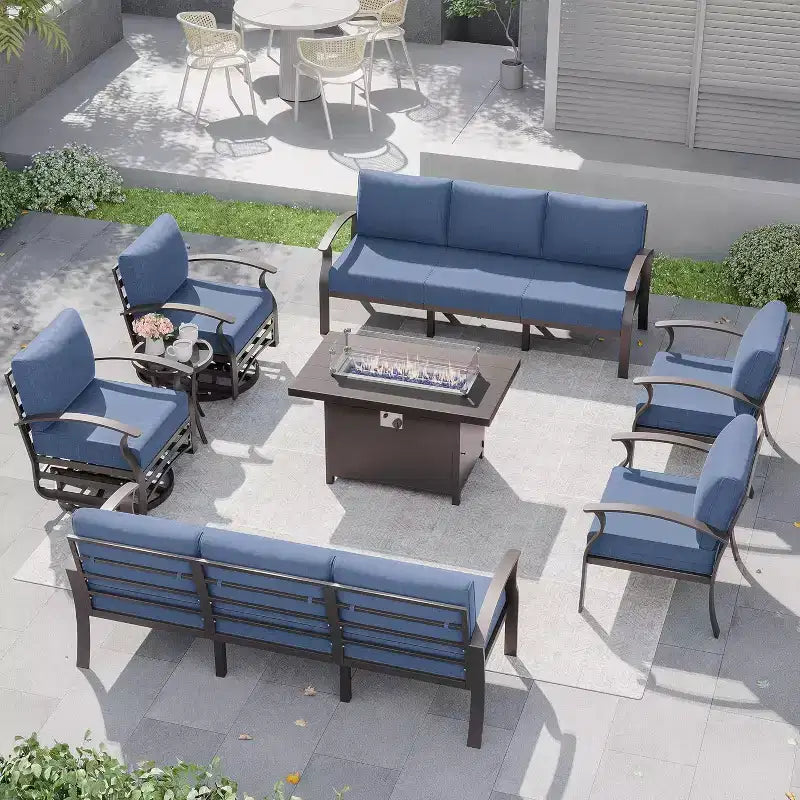ALAULM Set Mobili da Giardino in Alluminio 10 Posti Moderno da Esterno con Tavolo Focolare, Sedia a Dondolo Girevole, Divano da Giardino con Cuscini da 5.1 Pollici