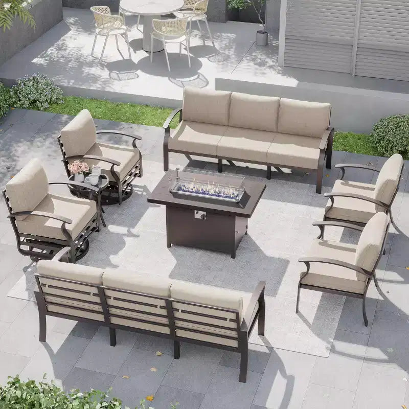 ALAULM Set Mobili da Giardino in Alluminio 10 Posti Moderno da Esterno con Tavolo Focolare, Sedia a Dondolo Girevole, Divano da Giardino con Cuscini da 5.1 Pollici
