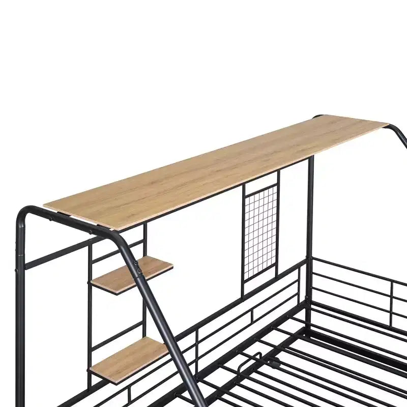 Letto a giorno a forma di casetta con rotelle e ripiano portaoggetti, struttura in metallo, singolo/una piazza e mezza, 1 persona