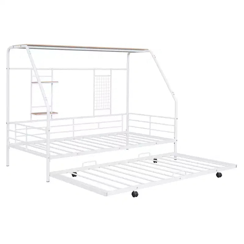 Letto a giorno a forma di casetta con rotelle e ripiano portaoggetti, struttura in metallo, singolo/una piazza e mezza, 1 persona