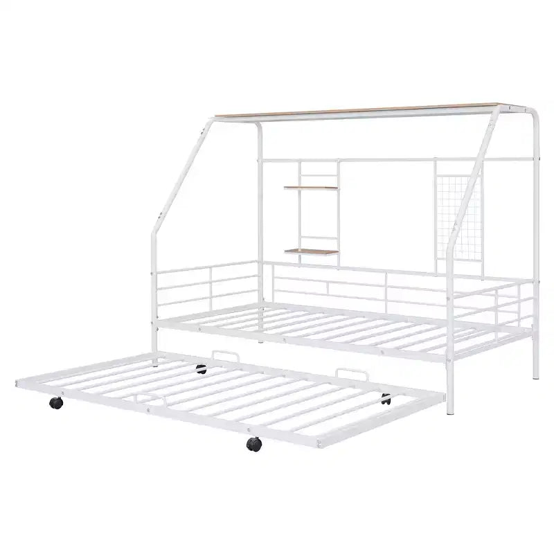 Letto a giorno a forma di casetta con rotelle e ripiano portaoggetti, struttura in metallo, singolo/una piazza e mezza, 1 persona