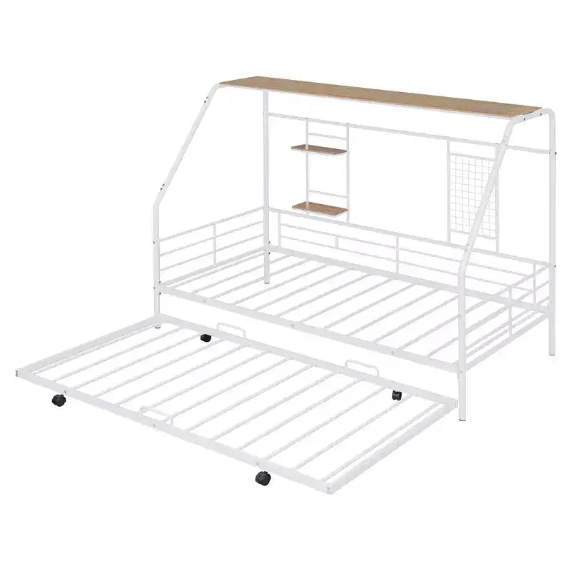 Letto a giorno a forma di casetta con rotelle e ripiano portaoggetti, struttura in metallo, singolo/una piazza e mezza, 1 persona
