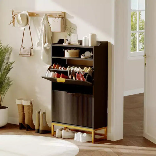 GustoWave Shoe Cabinet with 2 Flip Drawers, Freestanding Narrow Shoe Storage Organizer for Entryway, Wooden Hidden Slim with Open Storage