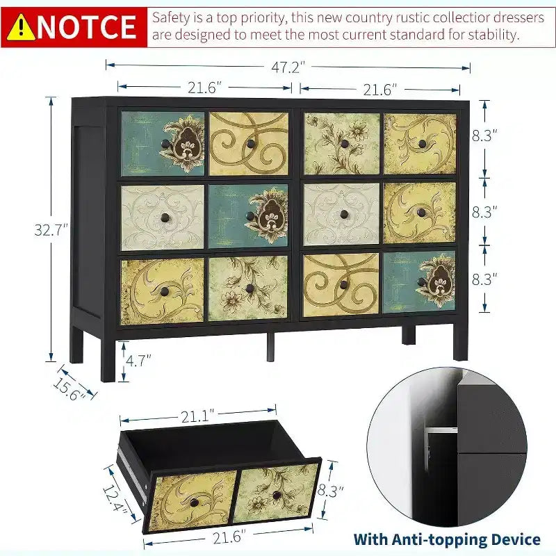 Cassettiera Nera Retro Floreale a 6 Cassetti, Monoutente