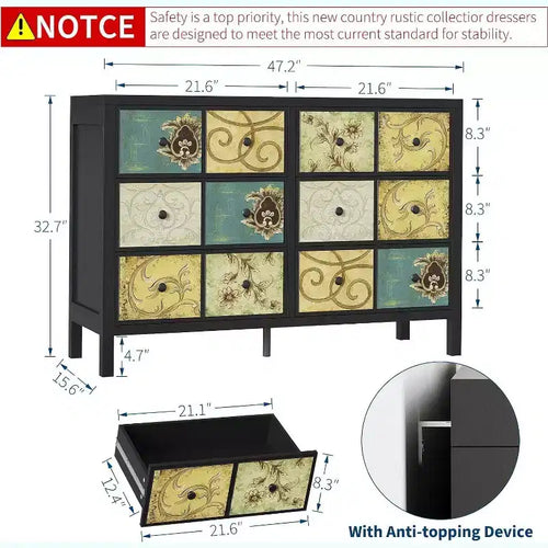 Cassettiera Nera Retro Floreale a 6 Cassetti, Monoutente
