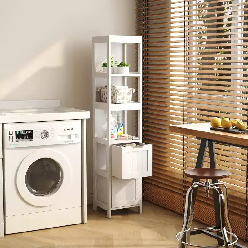 Armadietto pensile sottile con 3 ripiani e 2 cassetti, grigio blu/bianco, 11,8"L x 12"P x 57"H