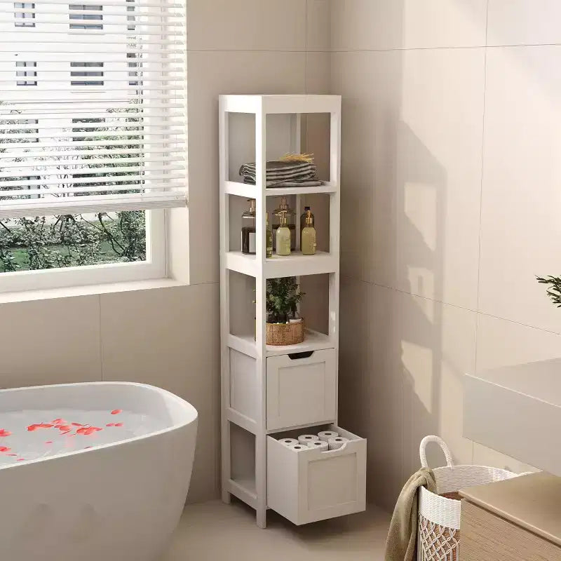 Armadietto pensile sottile con 3 ripiani e 2 cassetti, grigio blu/bianco, 11,8"L x 12"P x 57"H